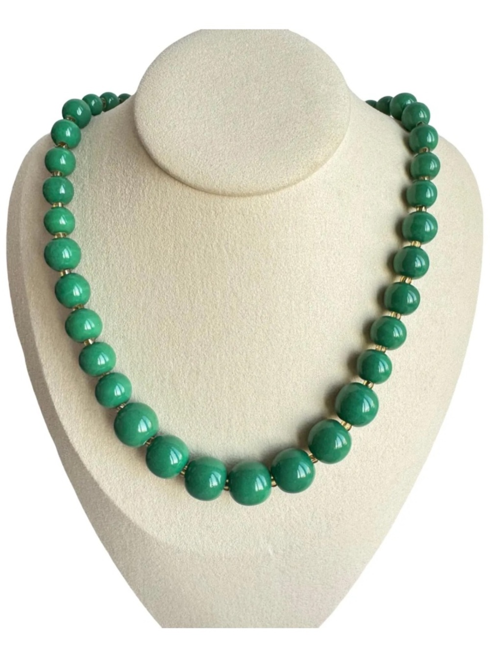 Vintage Green Porcelain Bead Necklace Japanese Kutani Gold Tone Choker Strand